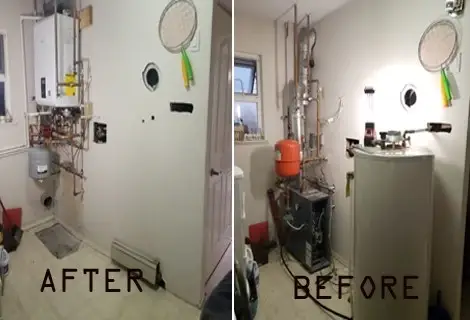 Before and after photos of an old boiler replaced with a new one