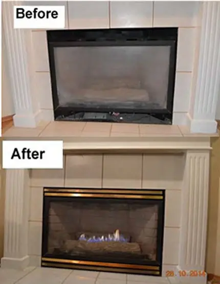 Gas fireplace glass before and after cleaning during a service