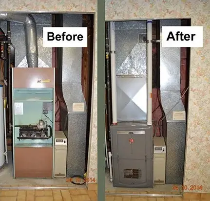 Old furnace replaced with a high-efficiency unit, before and after