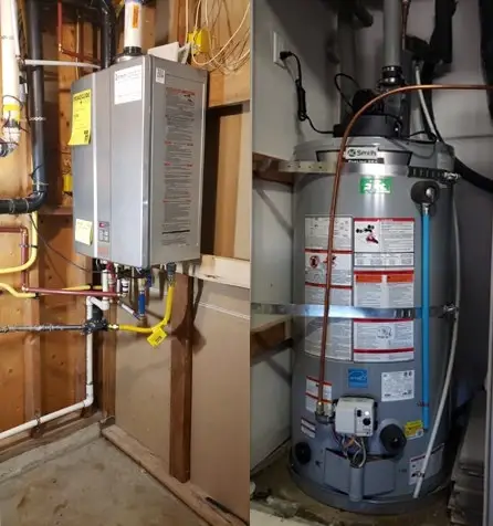 Before and after: a storage tank replaced by a wall-mounted tankless water heater